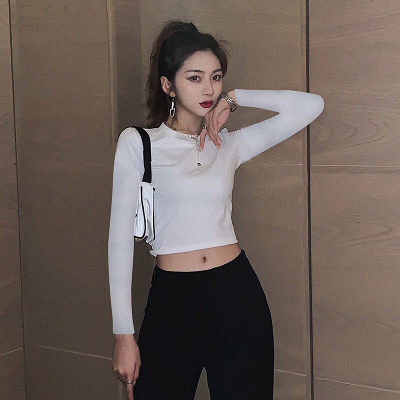 春秋黑色长袖t恤女紧身高腰露脐短款上衣修身半高领纯棉打底衫潮
