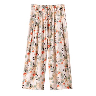 女中老年妈妈七分裤 棉绸裙裤 大码 显瘦裤 夏季 子休闲垂感阔腿裤 薄款