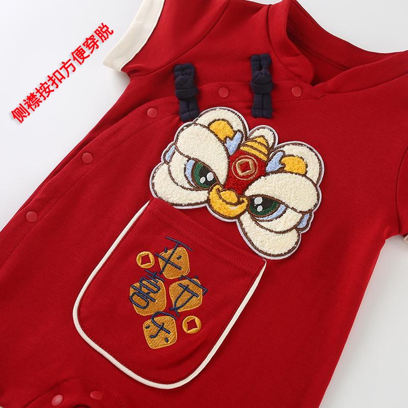 婴儿短袖新年装薄款宝宝满月百天衣服中国风新生儿拜年衣服喜庆男
