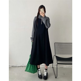 大码胖mm穿搭连衣裙女秋冬新款加绒加厚内搭打底a字裙子卫衣长裙