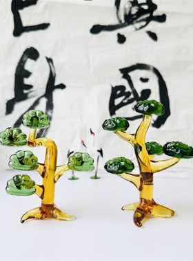 淄博琉璃松树摆件常青树纯手工送礼新中式盆栽造景观赏可爱迷你树