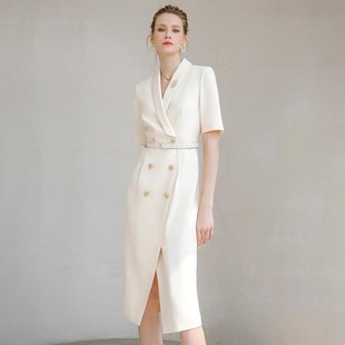礼服西装 职业白色连衣裙女气质主持人演讲正装 裙套裙 高级长款 新款