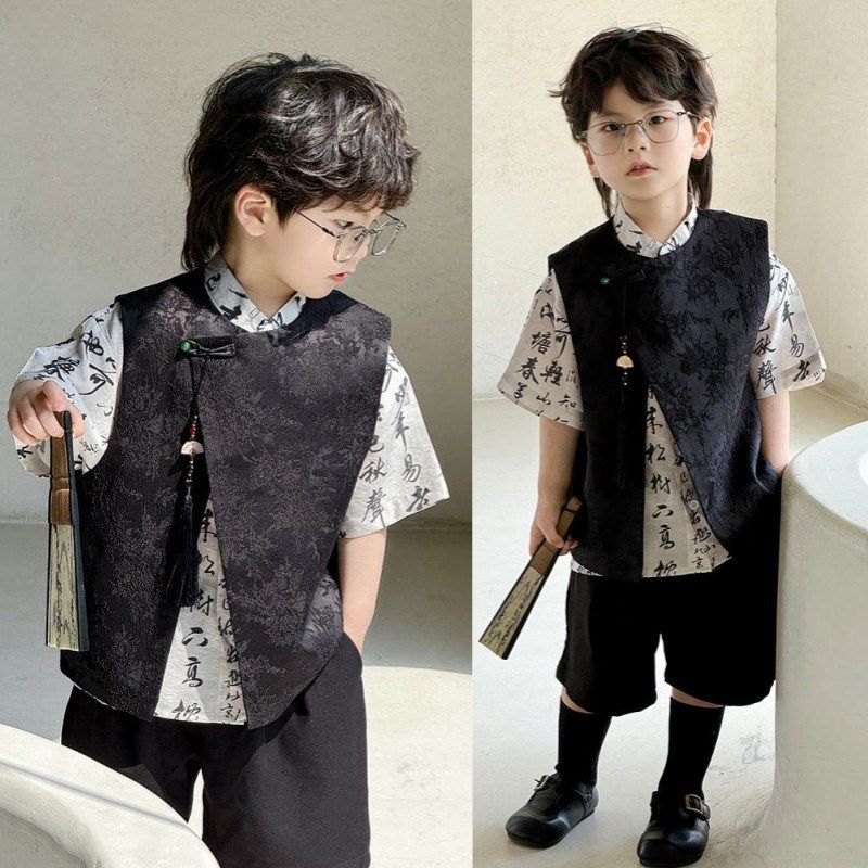 儿童中山装国风套装新中式主持人男童夏季西装小礼服西服模特走秀