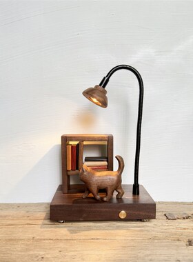 原木风木雕猫咪小众卧室床头民宿装饰创意礼品氛围木质摆件小夜灯