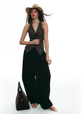 SINGLE MOMENT 25SS夏季新款羊毛混纺多层次飘带休闲阔腿西裤女