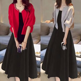 大码胖mm春秋装新款两件套女钉珠小外套胖+中长款针织显瘦连衣裙