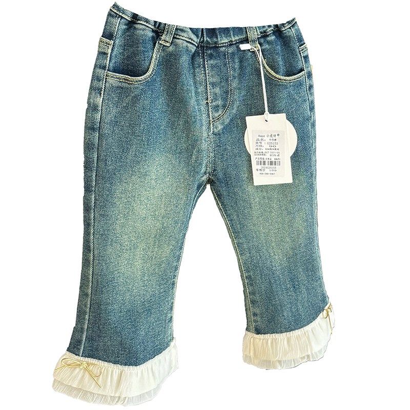 女宝宝洋气花边微喇叭裤女婴儿童秋季新款女童复古磨砂牛仔裤超正