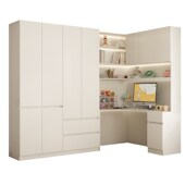 奶油风转角书桌梳妆台一体卧室整墙拐角书柜电脑学习桌