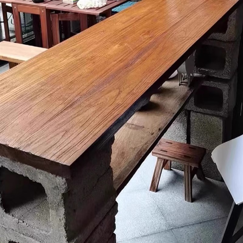 老榆木复古吧台原木实木板风化桌面餐桌飘窗板书桌电脑桌面板定制
