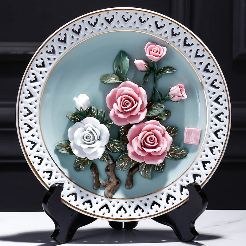 陶瓷玫瑰挂盘工艺摆件 创意牡丹摆盘客厅家居民族风博古架摆设品