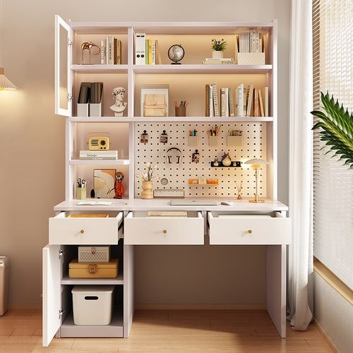 实木书桌书架一体学生家用学习桌子洞洞板办公桌椅套装台式电脑桌