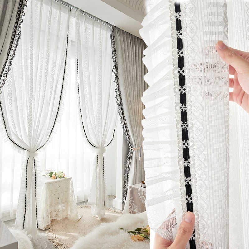 法式轻奢蕾丝纱帘白色梦幻帘花边窗帘复古洛可可卧室白纱花影