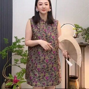 新中式碎花时尚套装女夏季复古立领无袖中长款旗袍上衣短裤两件套