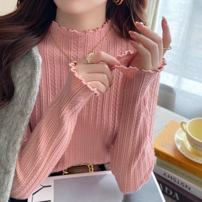 白色打底衫女2024新款秋冬高级感内搭半高领毛衣木耳边针织衫上衣