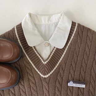 湫奈社JK制服马甲2021春秋新款学院风无袖内搭抗起球V领针织背心