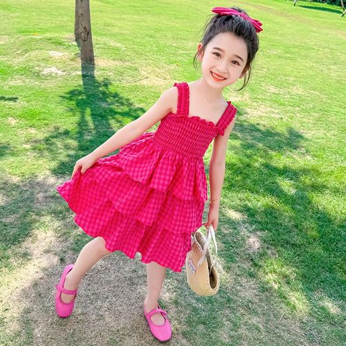 2024夏季新款女童红格连衣裙小女孩吊带裙沙滩裙子儿童公主裙夏装