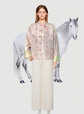 GARGA新中式国风粉色宋锦提花外套女高级感甜美汉服盘扣唐装上衣