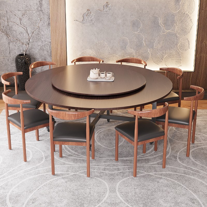 圆桌折叠餐桌实木家用吃饭桌子中式复古结实饭店多功能颗粒压缩板
