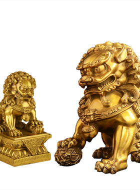 铜狮子一对摆件 纯铜 宫门狮工艺品 家用家居装饰礼品 开业送礼