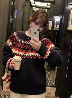 333sss 深蓝色宽松加厚圆领套头费尔岛雪花毛衣女短款上衣冬季