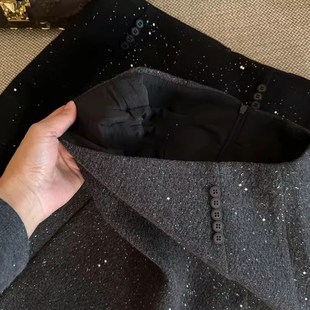 星空闪闪亮片半身裙毛呢包臀裙短款A字裙小个子高腰直筒裙设计感