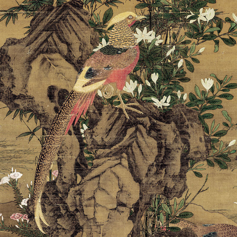 元 王渊 花竹锦鸡图名家工笔花鸟画竖轴高微喷复刻玄关客厅装饰