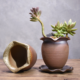 创意老桩紫砂多肉花盆透气陶罐手拉粗陶多肉植物陶瓷绿萝花盆大号