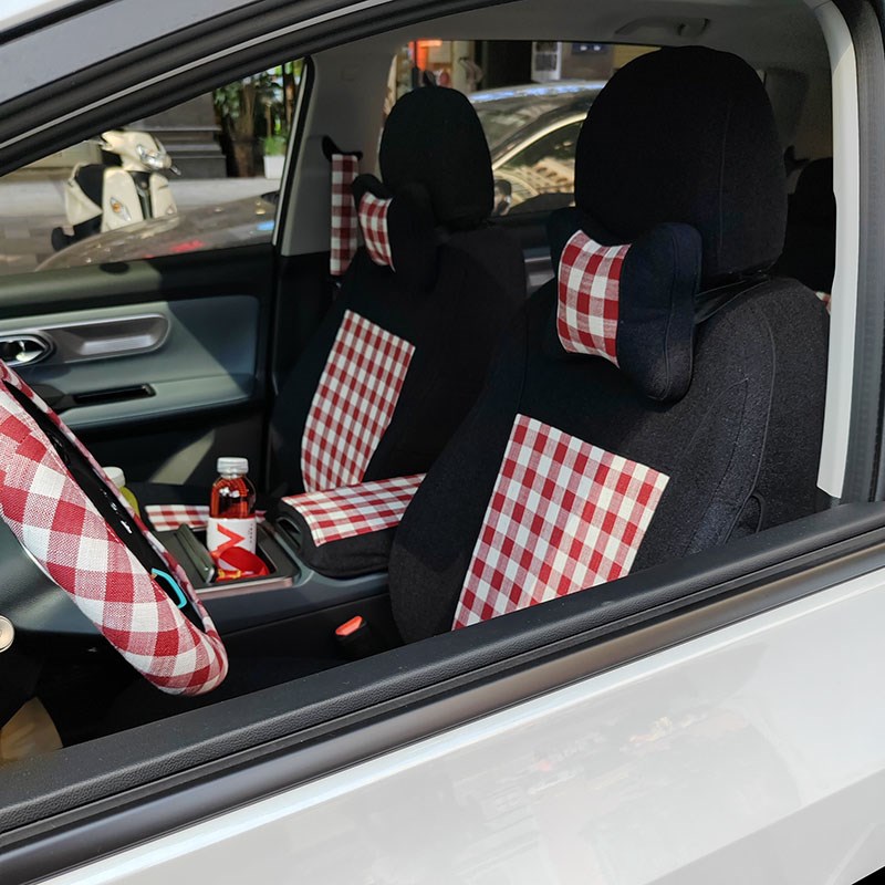 订做奇瑞新能源小蚂蚁专用汽车座套全包亚麻酒红格透气舒适EQ1