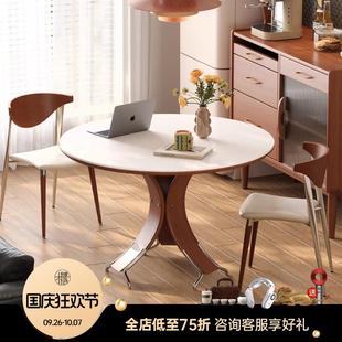 北欧实木餐桌圆形6人家用现代简约意式 木胭脂 高端亮光岩板圆餐桌