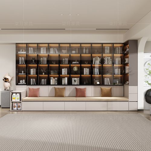 现代简约风沙发书柜一体带玻璃门书架背景储物柜客厅墙柜组合定制