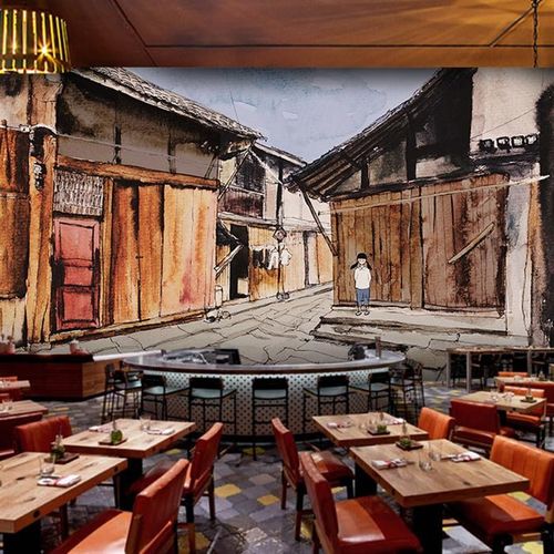 d复古怀旧年代童年游戏壁画马路边边墙纸饭店酒吧装饰墙布