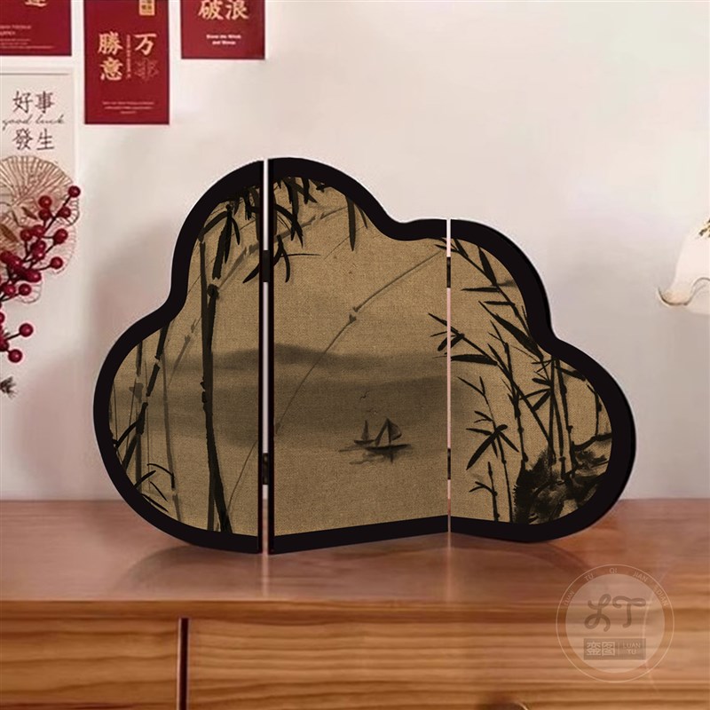 中古风墨竹小屏风摆件桌面装饰小摆台客厅茶桌茶室入户玄关柜摆画