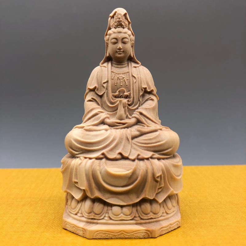 小叶黄杨木雕坐莲花净瓶观音菩萨摆件家用供奉车载中控装饰工艺品