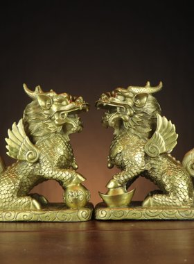 杨铜记  金属工艺品礼品家居办公室摆 财福麒麟 坐麒麟  铜麒麟