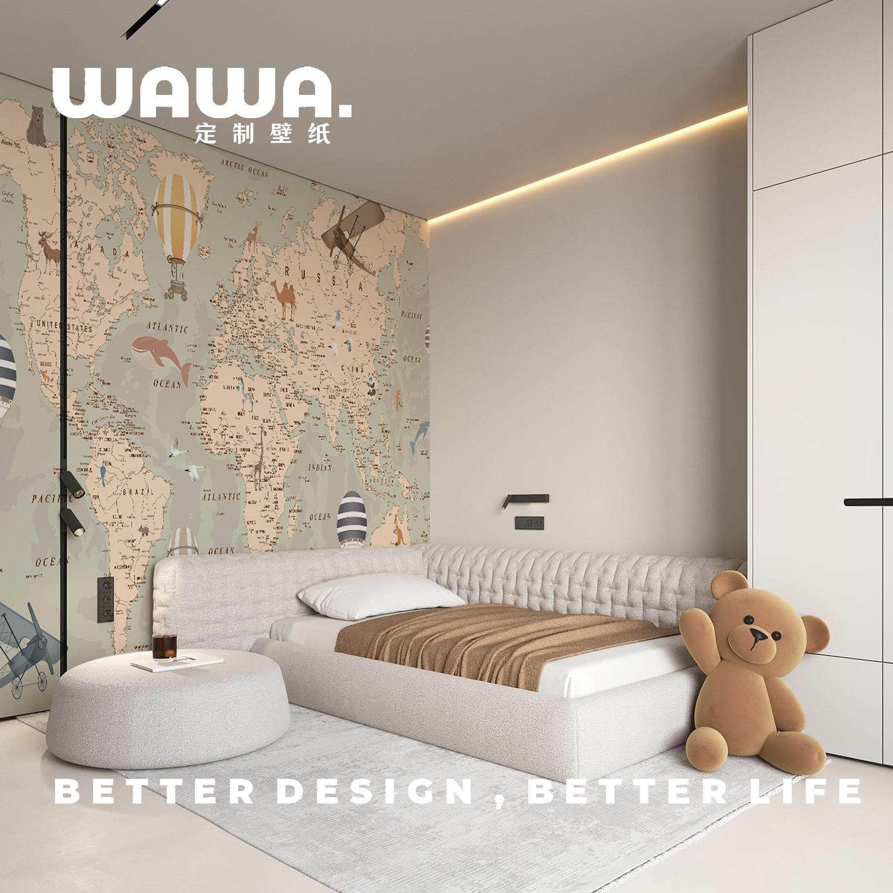 小红书高端世界地图儿童房壁纸卡通沙发背景墙纸北欧壁布定制壁画,家装主材,定制壁画,淘宝优惠券,粉丝福利购,淘宝优惠卷