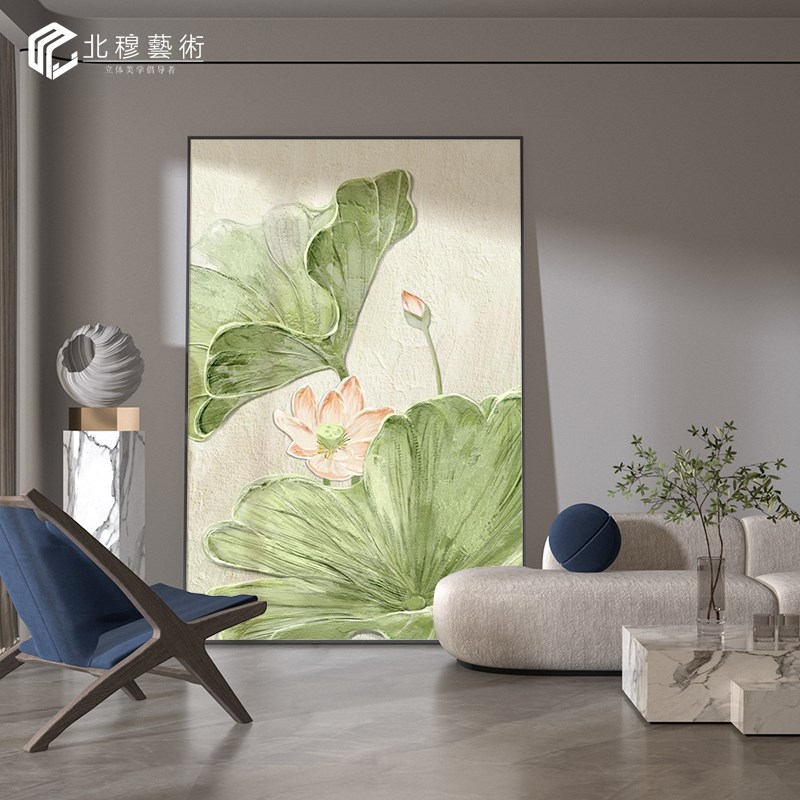 新中式手绘荷花入户玄关走廊挂画法式大芬手绘油画客厅卧室装饰画图片