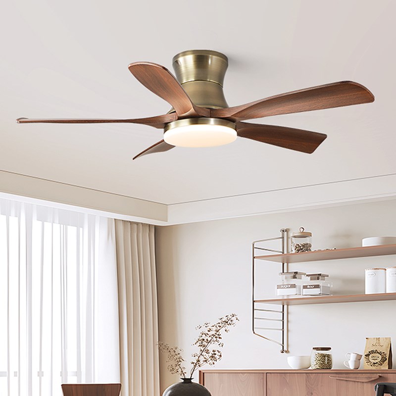 中古风餐厅风扇灯全光谱护眼家用饭桌灯侘寂风胡桃木纹客厅吊扇灯