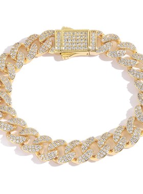 欧美嘻哈项链12mm古巴链微镶锆石弹簧扣个性潮流男士嘻哈项链配饰