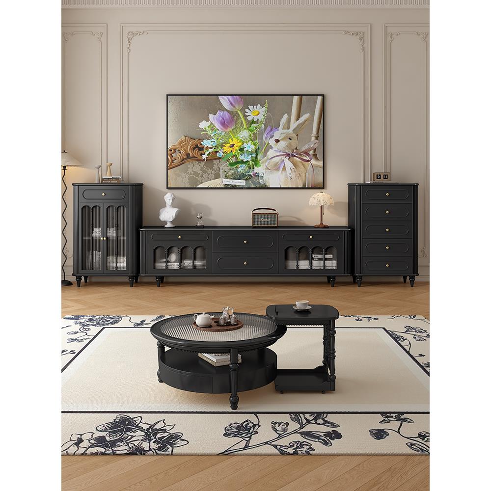 新款法式覆古纯实木落地电视柜茶几客厅家用奶油风美式高级感中古