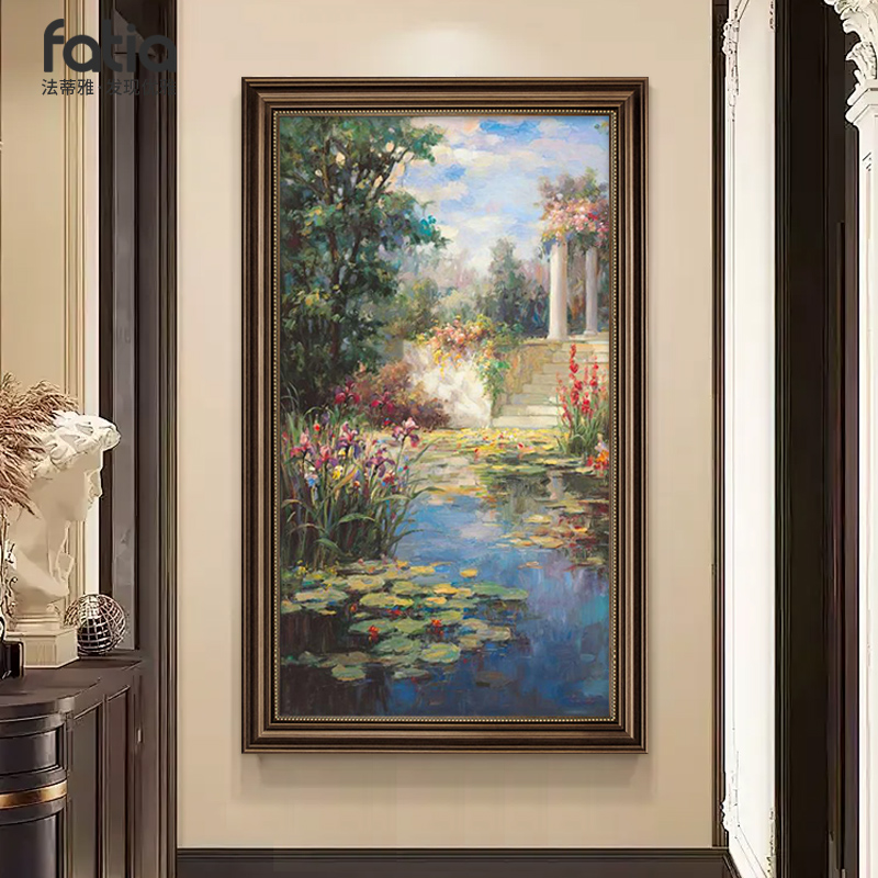 手绘油画荷花玄关装饰画复古风景走廊过道挂画欧式睡莲壁画高级感图片
