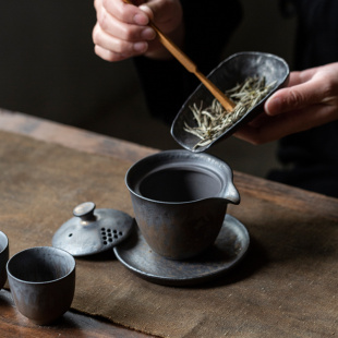 家用办公茶具单壶盖碗 碌心 鎏金铁釉手抓壶 中式 复古粗陶泡茶壶