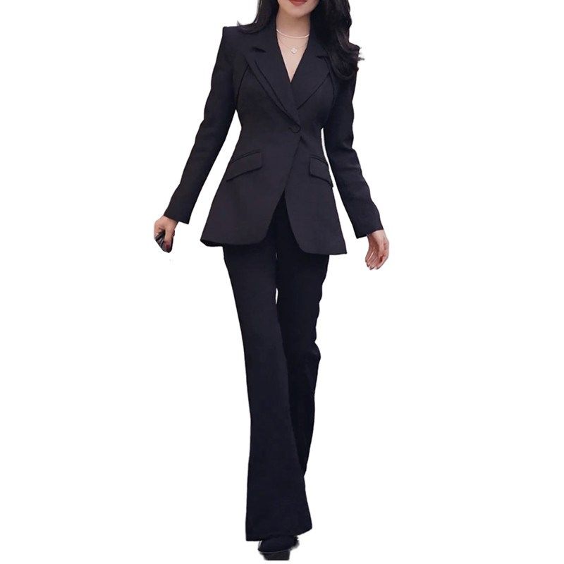 2024春装新款高级感职业西装套装女黑色修身露腰西服微喇裤两件套,女装/女士精品,时尚套装,淘宝优惠券,粉丝福利购,淘宝优惠卷
