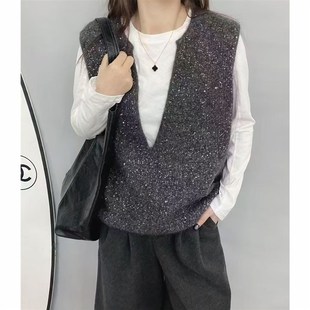 休闲宽松时尚毛衣女士背心高级感亮片黑灰色无袖叠穿秋冬针织马甲