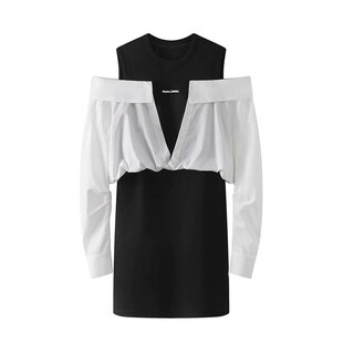 拼接长袖 B642 假两件露肩中长款 时尚 连衣裙女 艾新款