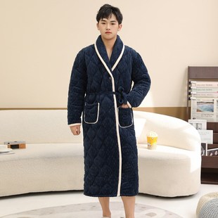 珊瑚绒加夹棉浴袍加绒长袍睡衣冬天 三层加厚加长款 男士 睡袍秋冬款