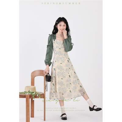 江不离【杏花影】新中式碎花方领假两件连衣裙女2025春季拼接裙子