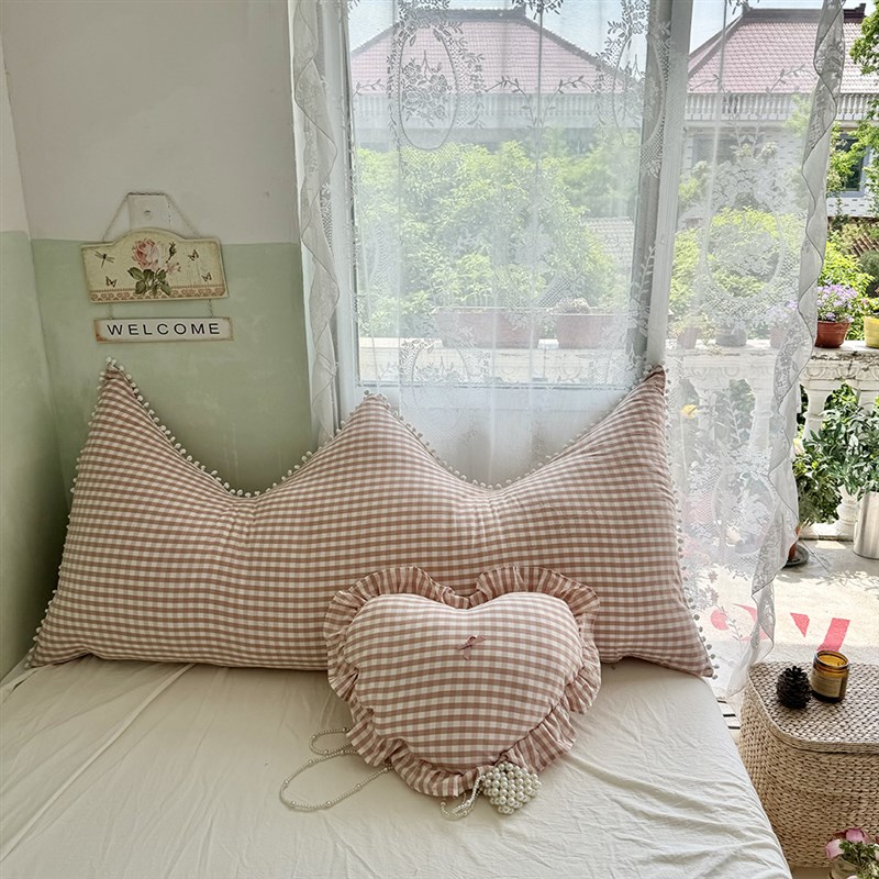 全棉水洗棉格子简约靠背床头大靠垫毛球球边装饰靠枕1.5m床可拆洗