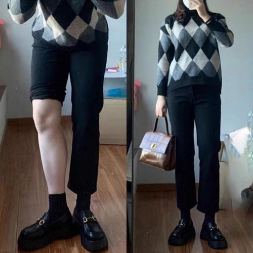 黑色直筒牛仔裤女秋冬新款加绒胖妹妹mm宽松显瘦梨形身材烟管裤子