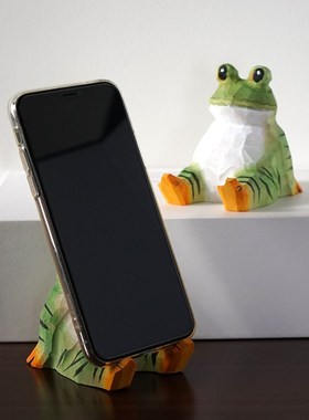 手机支架手工木雕悠闲青蛙动物卡通木头治愈系桌上实用装饰品摆件