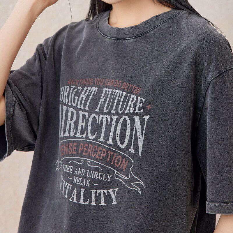 A21女装针织宽松落肩短袖t恤夏季新款美式做旧复古水洗休闲上衣